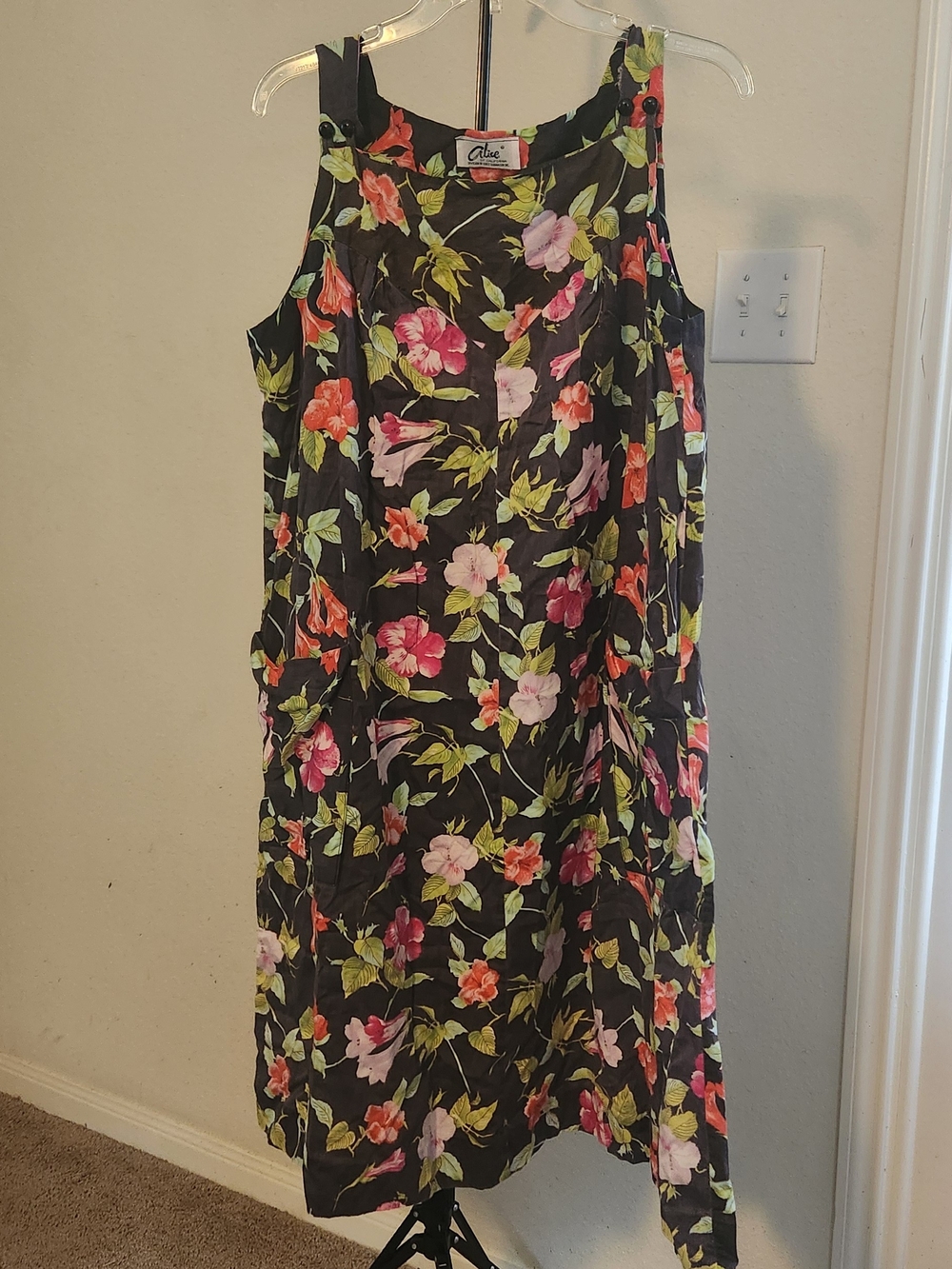 Vintage 1960s Alice Of California Black Floral Maxi Dress